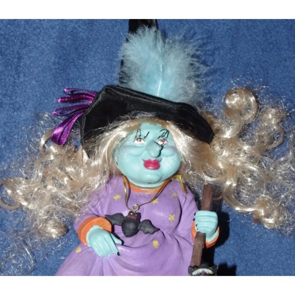 Vintage Rare HTF Novelty Halloween Witch Decor Blue Face Unique Cat Bat Cauldron